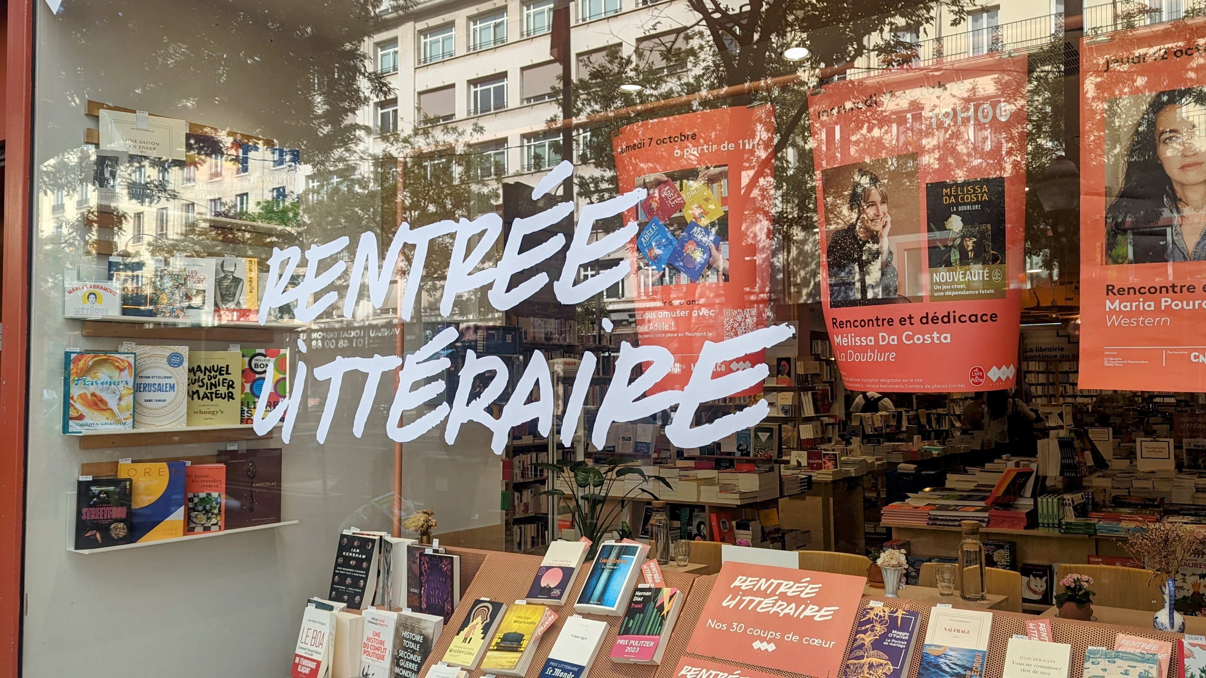 Ici independant bookstore in Paris announces the 'Rentrée Litteraire' on its shop window.