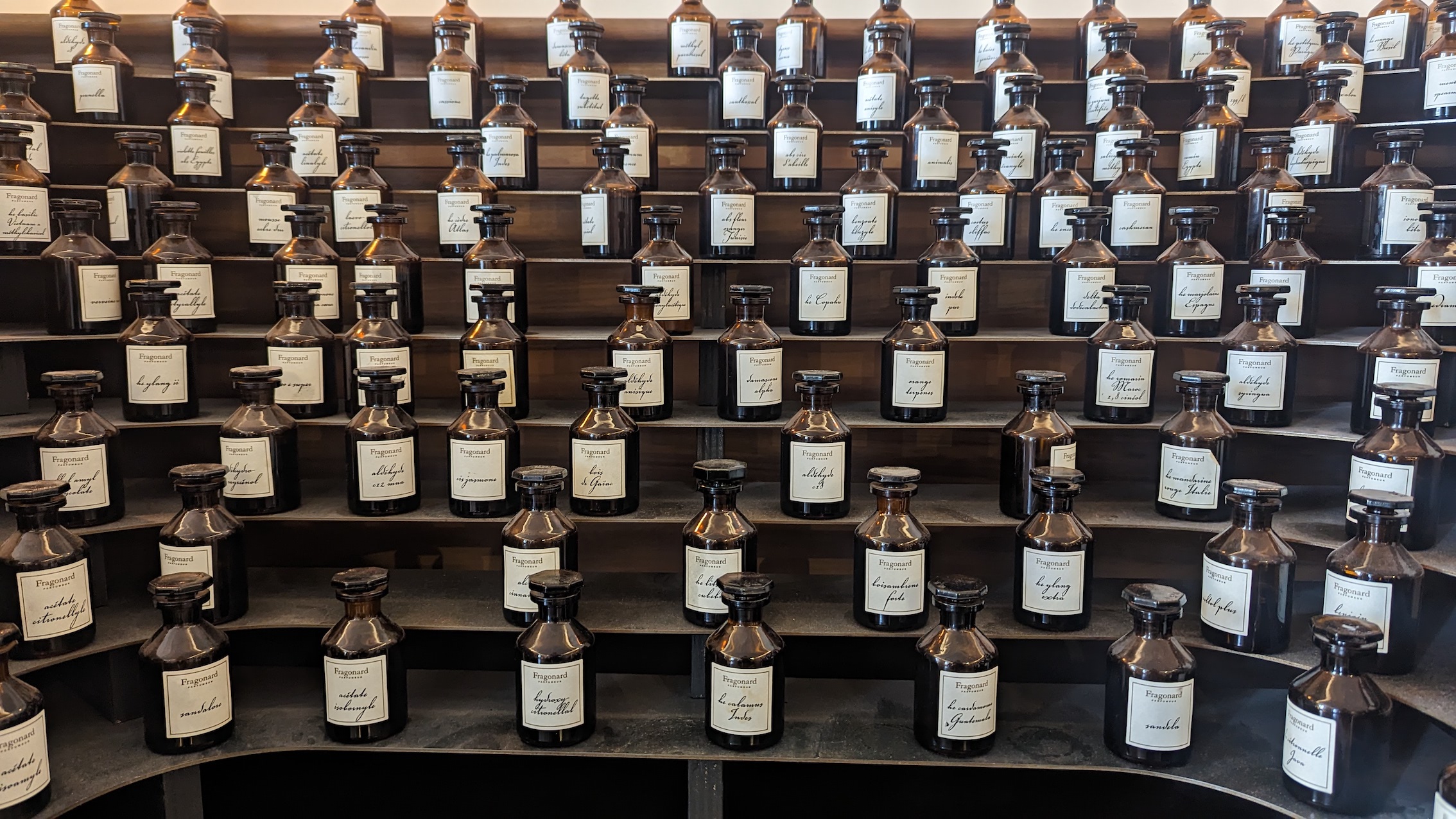 Hundreds of perfume bottles displayed at the Fragonard museum in Paris.