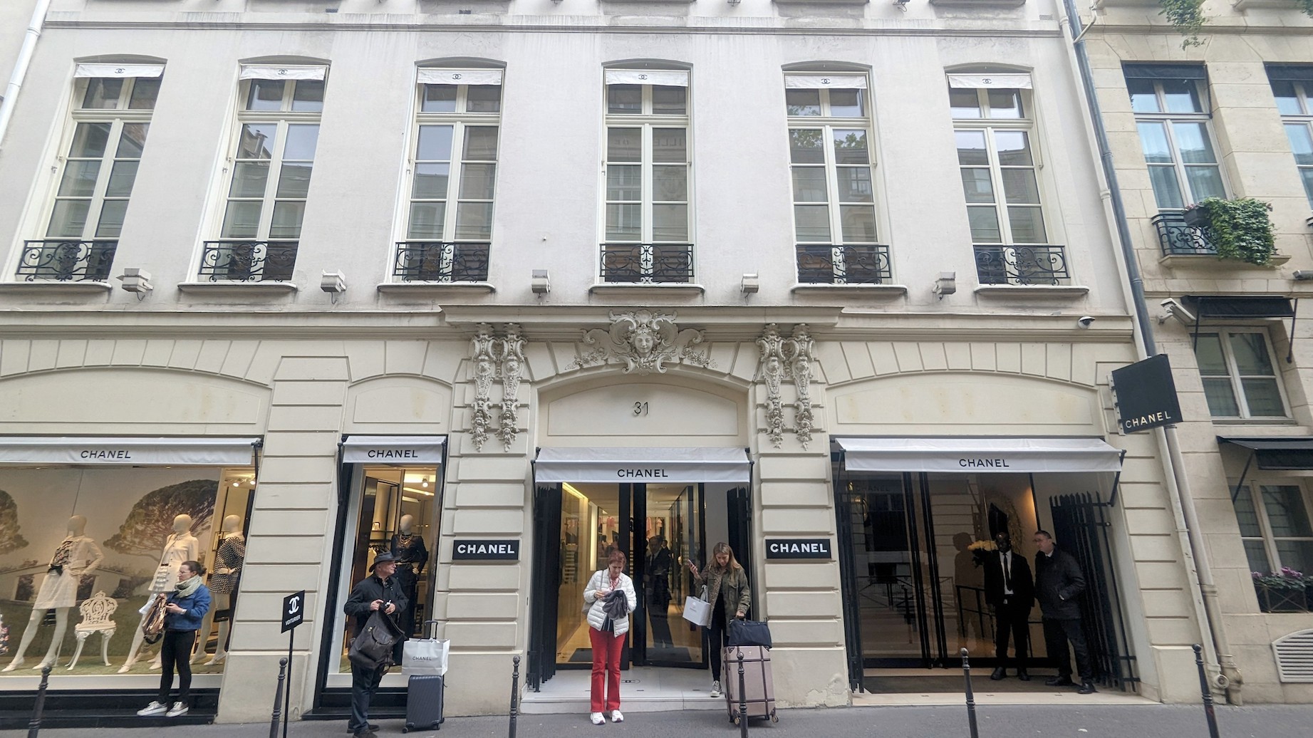 The world's oldest Chanel boutique and Coco Chanel's former home on Rue Cambronne viewed from the street.