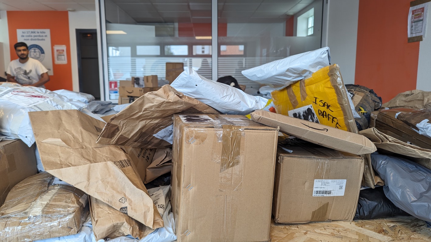 A pile of unclaimed packages sold at Destock Colis just outside of Paris.
