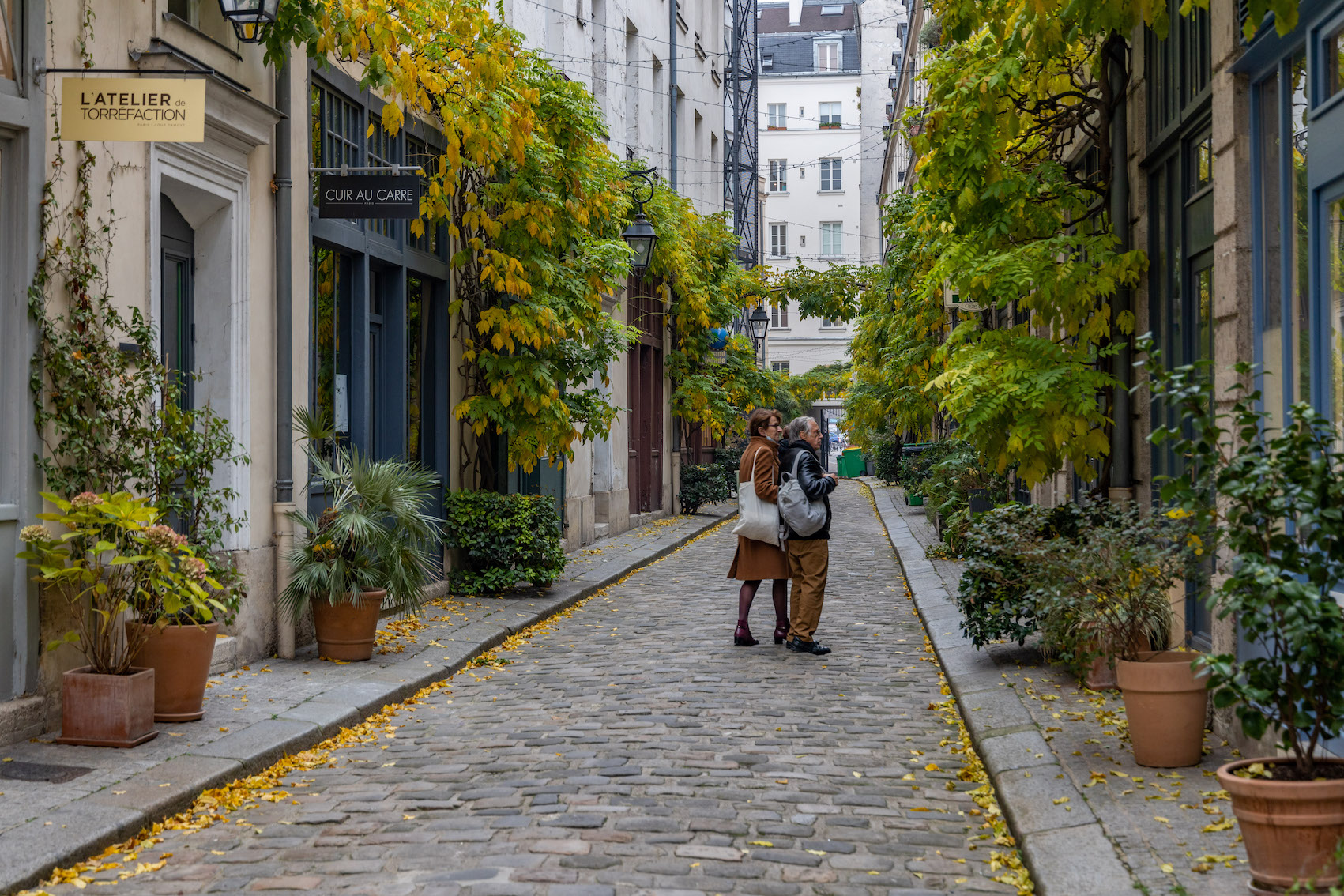 Two ladies strolling through the Cour Damoye located in the 11th arrondissement.