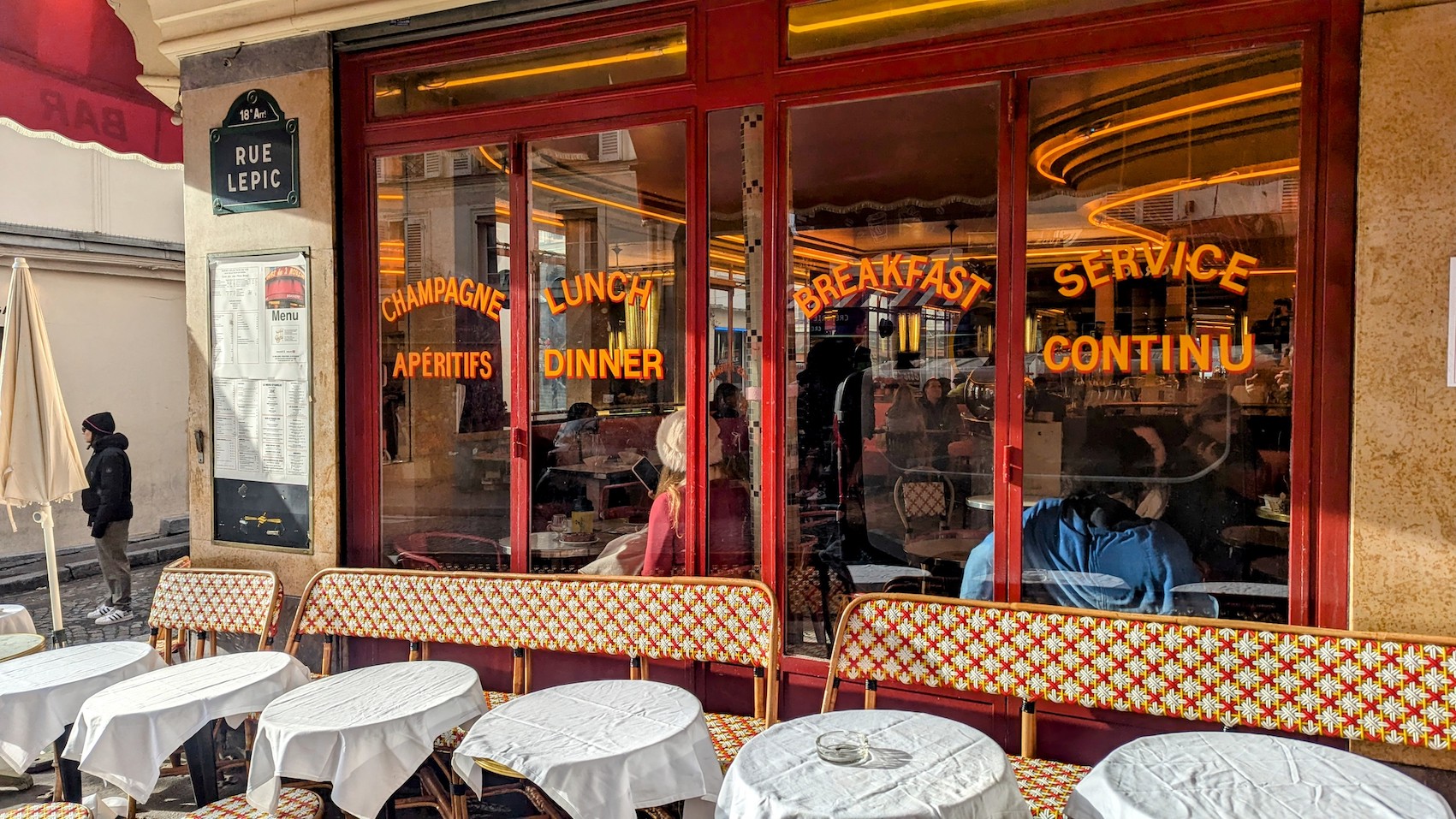 Tables in front of the Café des Deux Moulins in Montmartre.