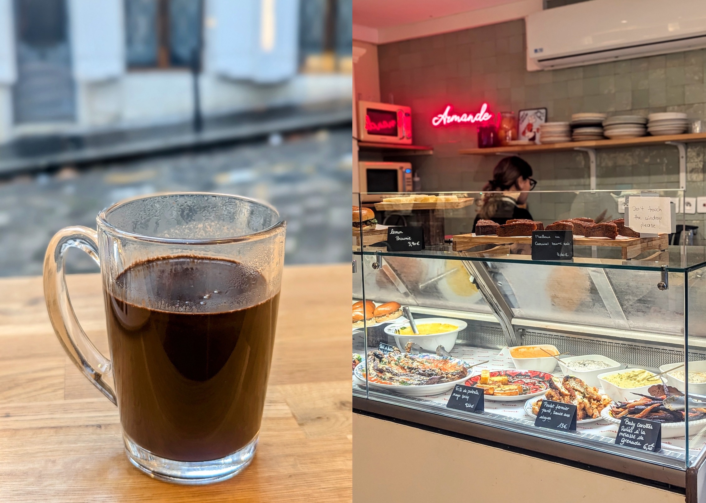 On the left: a cup of spicy hot chocolate enjoyed on a cold winter day at Armande in Paris. On the right: The food display of cakes, sandwiches and salads at Armande.